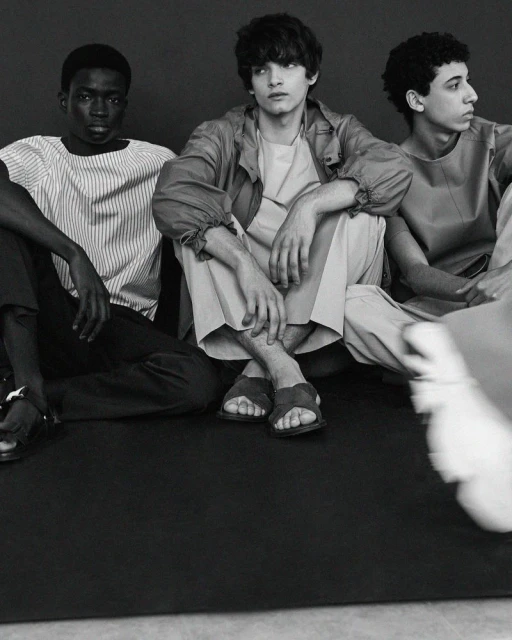 Monochrome studio shot featuring three adult male fashion models sitting on the floor wearing casual clothing, sandals, and minimalist tops.
