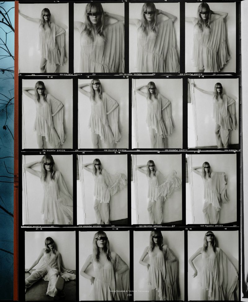 Black and white photograph of a fashion model in various poses wearing a flowy dress, against a plain backdrop, showcasing a vintage film aesthetic.