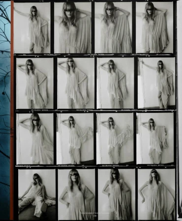 Black and white photograph of a fashion model in various poses wearing a flowy dress, against a plain backdrop, showcasing a vintage film aesthetic.