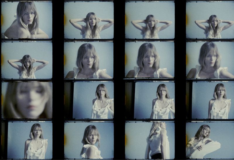 Multiple frames show a woman with long blonde hair wearing a white dress, posing against a light blue background in a filmstrip style.