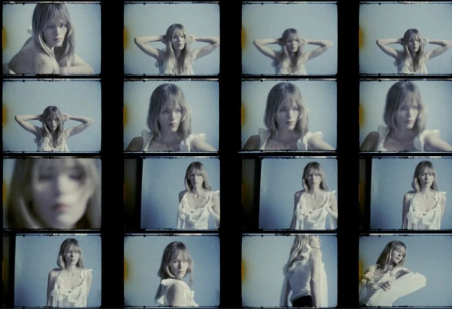 Multiple frames show a woman with long blonde hair wearing a white dress, posing against a light blue background in a filmstrip style.