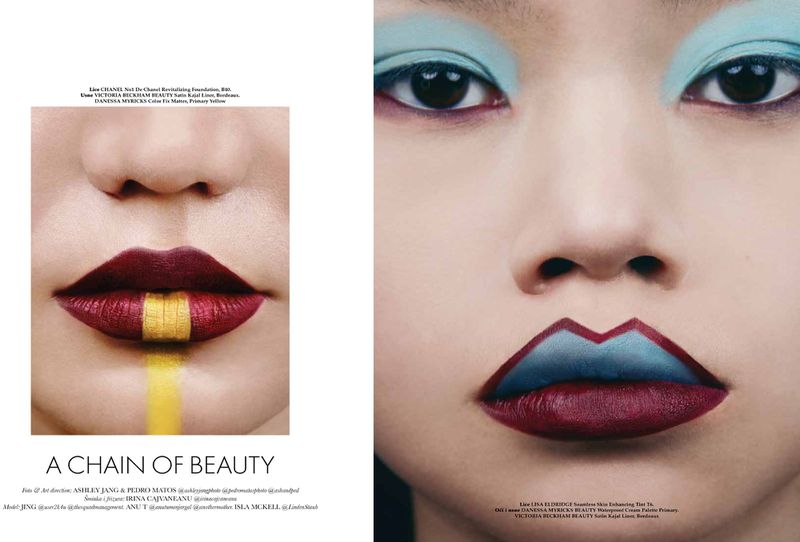 Extreme close-up of two faces with dramatic makeup: red and gold lipstick on one, blue eye shadow and lip liner on the other.