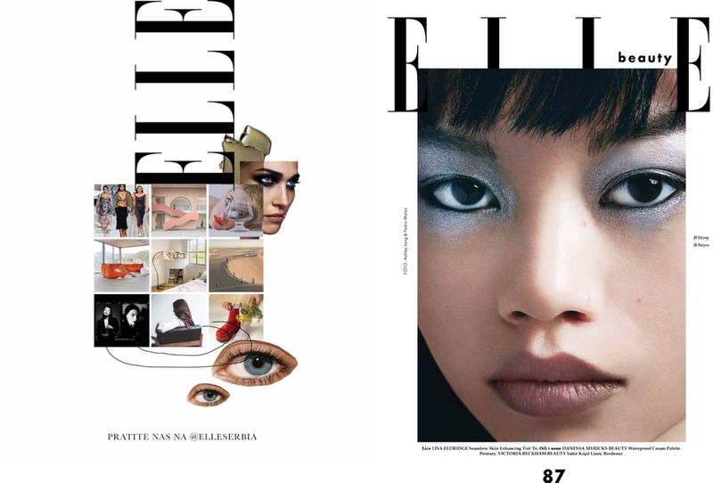 Elle magazine cover featuring an Asian female model's face with prominent silver eyeshadow, as well as a collage of diverse lifestyle images.