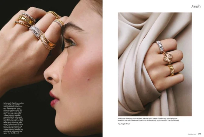 Close-up profile of a woman wearing multiple gold and diamond rings on her hand, photographed for Elle Arabia jewelry editorial