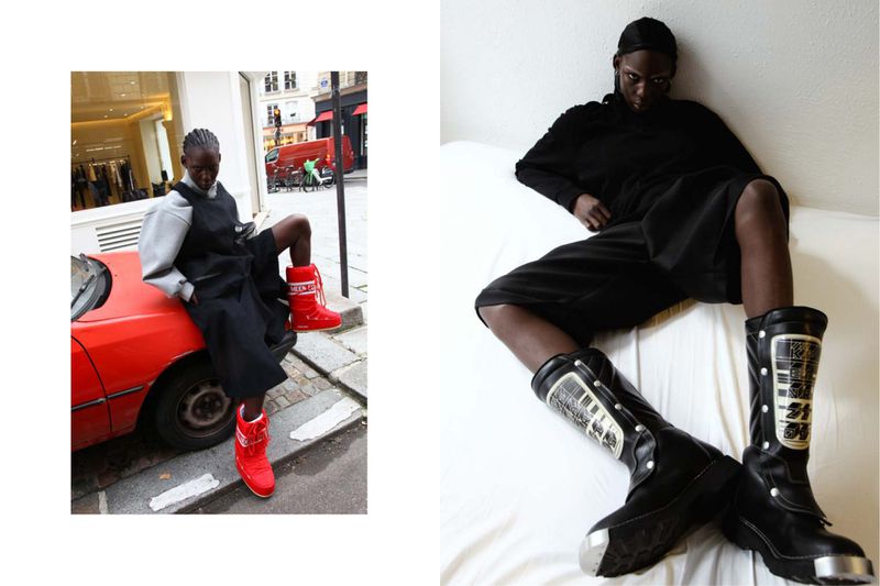 Fashion shoot featuring a dark-skinned person in avant-garde outfit with oversized boots posing outdoors on a red car, and on a bed.