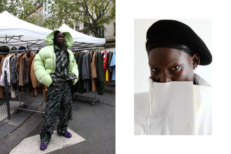A model showcases an oversized light green puffer jacket and patterned pants, standing outdoors with clothes racks in the background.
