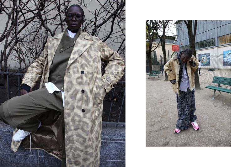 Two images of a Black person in stylish outerwear, one posing outdoors in an animal-print trench coat, the other in a tan jacket.