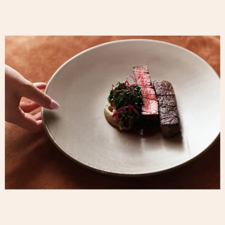 Elevated food presentation featuring steak slices served with a vegetable garnish and sauce on a gray plate, held by a hand.