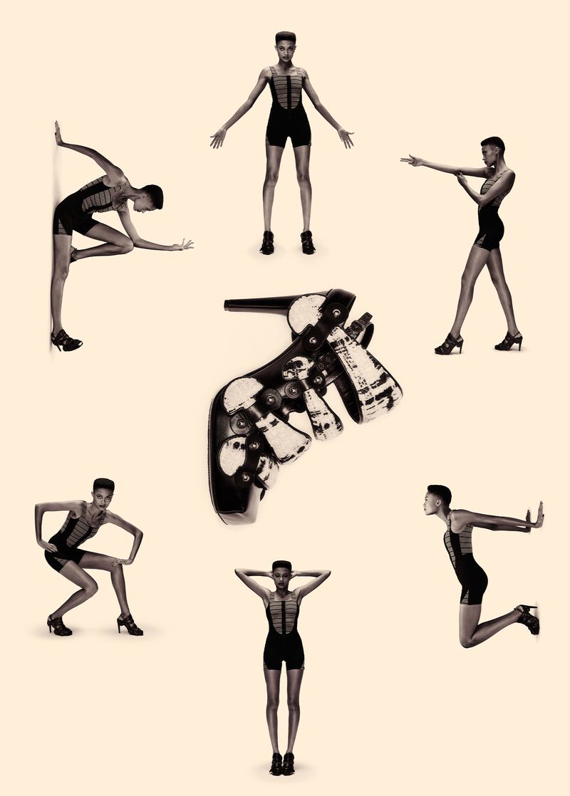 Fashion editorial shot with six adult female models in leotards posing around a high heel shoe on a light orange background.