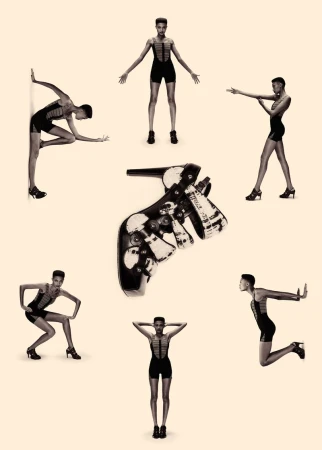 Fashion editorial shot with six adult female models in leotards posing around a high heel shoe on a light orange background.
