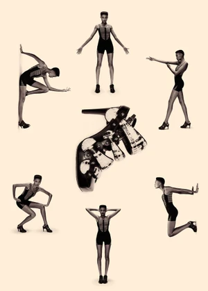 Multiple poses of a model surrounding a large high-heeled shoe against a cream background