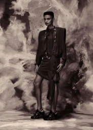 Monochrome fashion editorial portrait of a woman standing against a swirling textured backdrop, wearing a dark patterned dress and heels.