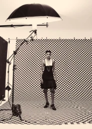 Model standing in a black and white dress in front of a checkerboard backdrop in a photography studio with overhead umbrella lighting