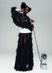 Black woman wearing feathered black top and long sheer skirt holding rotary phone handset against light grey background