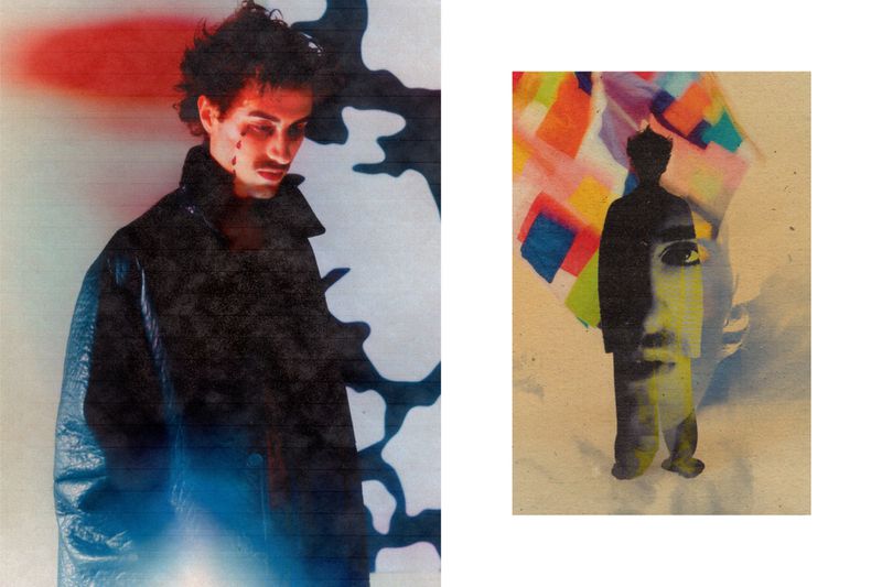 Artistic image featuring a portrait of a man in a black coat, combined with colorful geometric shapes and a silhouette of a figure.