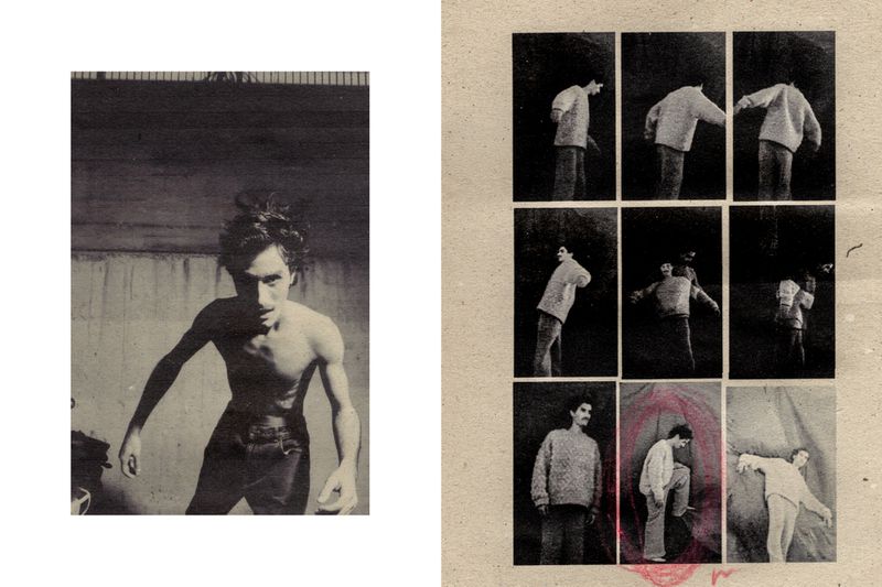 Monochrome collage featuring a shirtless man in jeans alongside a contact sheet of male figure studies against a neutral backdrop.