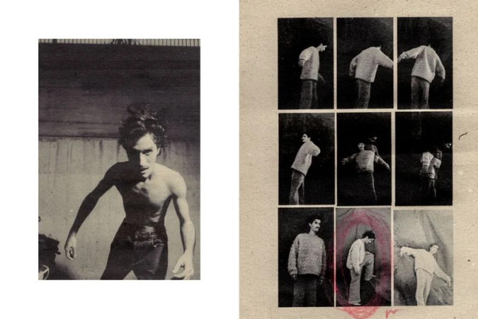 Monochrome collage featuring a shirtless man in jeans alongside a contact sheet of male figure studies against a neutral backdrop.
