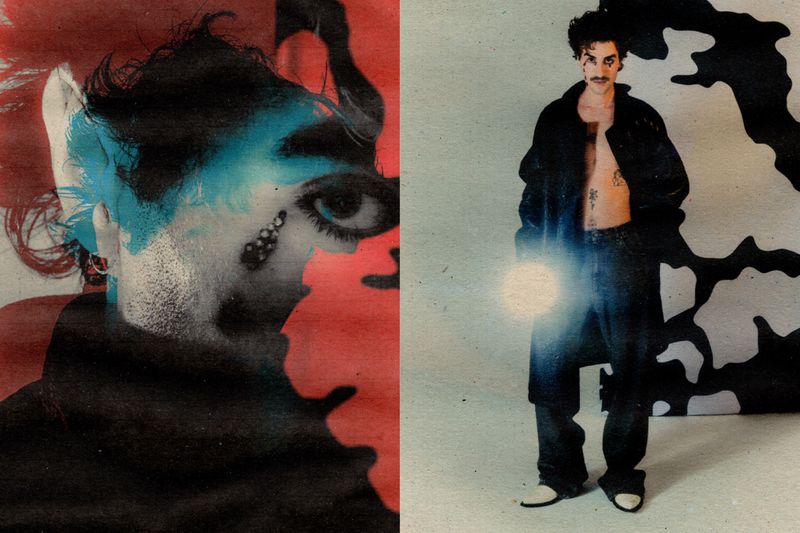 Artistic photo of a man with an open black coat over jeans next to a graphically altered close-up of a face in red and black.