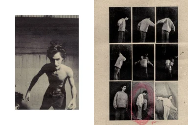 Monochrome editorial spread with a shirtless man on the left and a grid of nine film frames featuring a person in a knit sweater on the right.