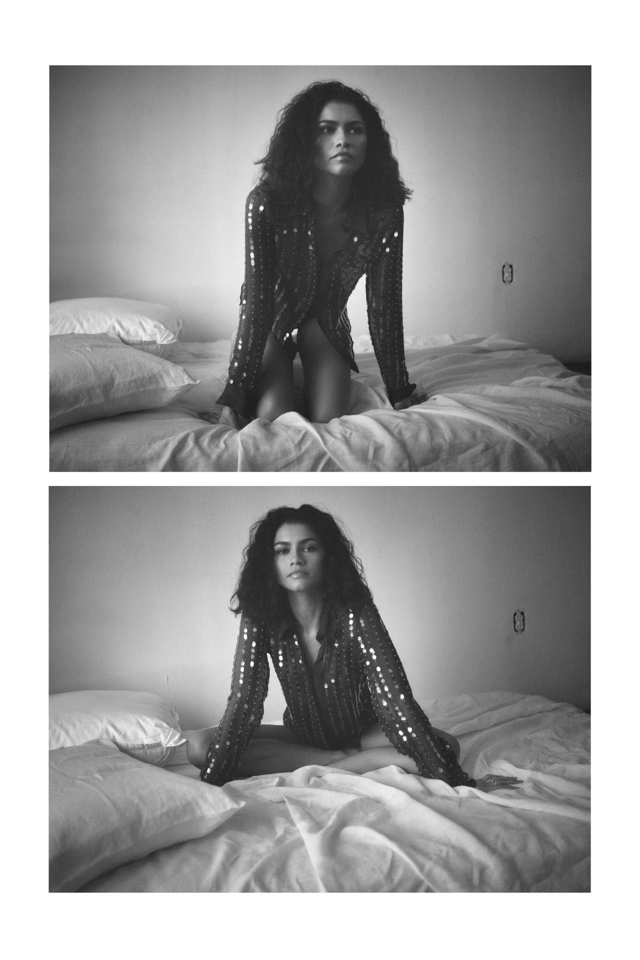 Zendaya kneeling and seated on a bed wearing a sequined long-sleeve shirt in a black and white editorial portrait photograph.