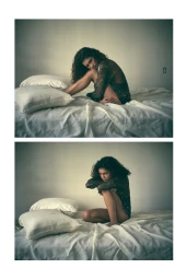 Zendaya seated on a white bed with pillows in a diptych fashion portrait for Vogue Australia
