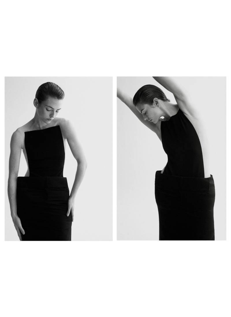 Two black-and-white studio shots of a woman in a black, modern dress. She is posing in front of a white background in both images.
