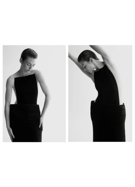 Two black-and-white studio shots of a woman in a black, modern dress. She is posing in front of a white background in both images.