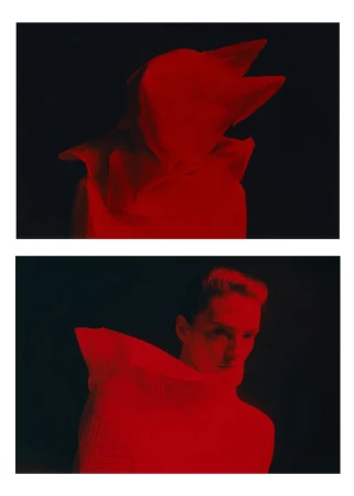Two-panel fashion editorial image featuring a model wearing a structured red garment under moody lighting for Exhibition Magazine.