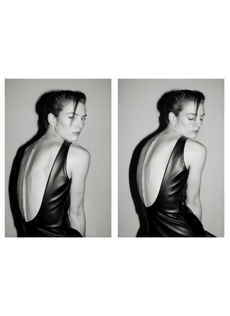 Monochrome diptych featuring an adult female model in a black low-back dress, posing in a photo studio against a solid grey backdrop.