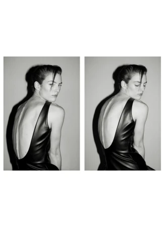 Monochrome diptych featuring an adult female model in a black low-back dress, posing in a photo studio against a solid grey backdrop.