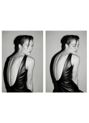 Model Beauïse Genç wearing a backless black dress captured in a diptych for Exhibition Magazine