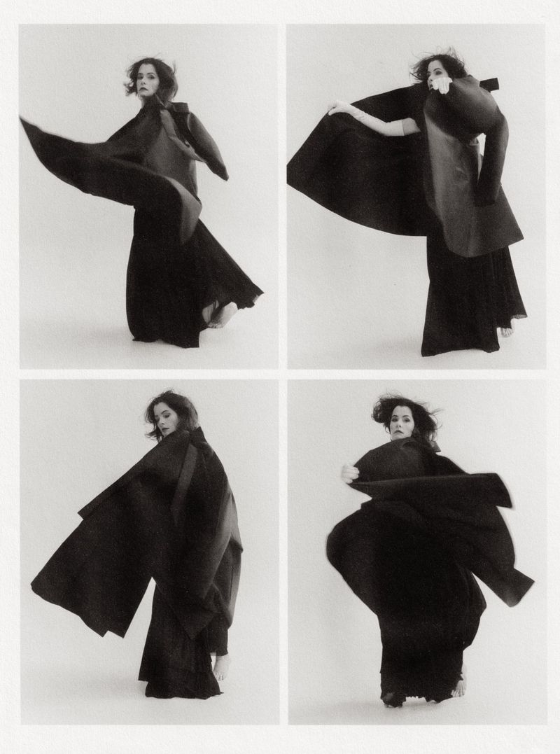 Fashion shot features a young adult woman posing in flowing black robe-like garments against a white background in four-panel format.