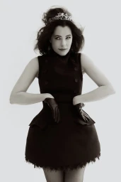Parker Posey wearing a dark dress with leather gloves and a tiara against a white seamless background