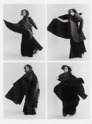 Four-panel black and white editorial image of Parker Posey in a dark sculptural coat and long flowing skirt against a plain background