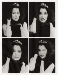 Four-panel photographic portrait of actress Parker Posey wearing a tiara and black leather gloves against a dark background.