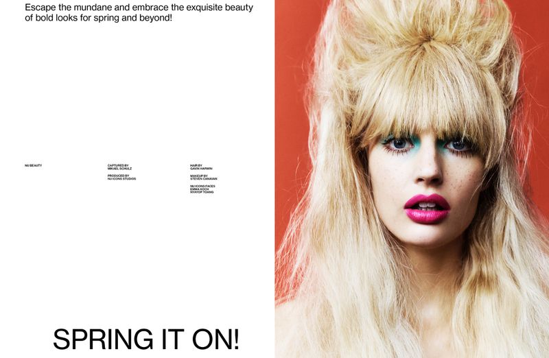 Fashion editorial portrait of a young blond woman with vibrant makeup and styled hair against a red backdrop. Spring beauty concept.