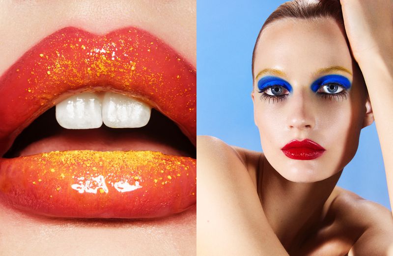 Closeup diptych of a fair-skinned woman showcasing colorful makeup on her face and lips against a light-blue backdrop in a beauty shot.