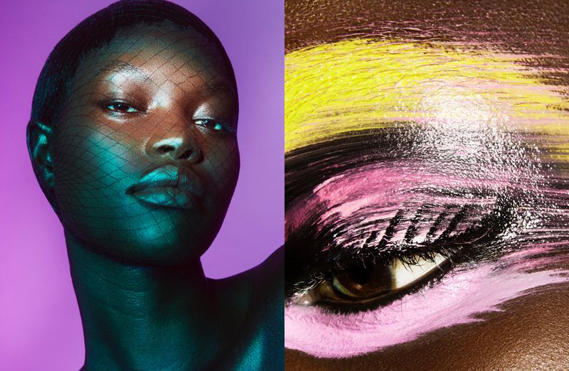 Headshot portrait of a Black woman with makeup and a net over her head, alongside a close-up of a painted eye.