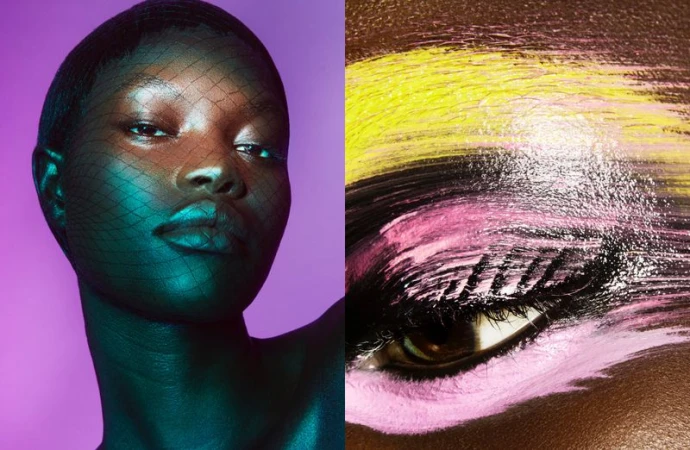 Headshot portrait of a Black woman with makeup and a net over her head, alongside a close-up of a painted eye.