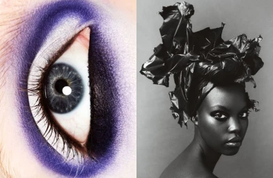 Close-up of a human eye with purple eyeshadow beside a black-and-white portrait of a model in a sculptural headpiece.