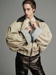 Model in oversized beige bomber jacket and dark trousers adjusting tie against a solid grey background