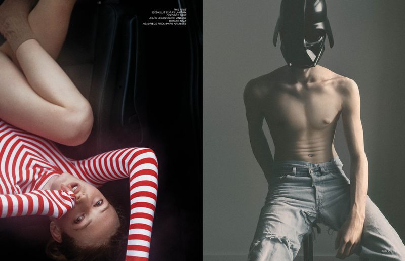 A woman in a red and white striped bodysuit lies on a black surface, while a shirtless man in jeans and a helmet sits on a stool.