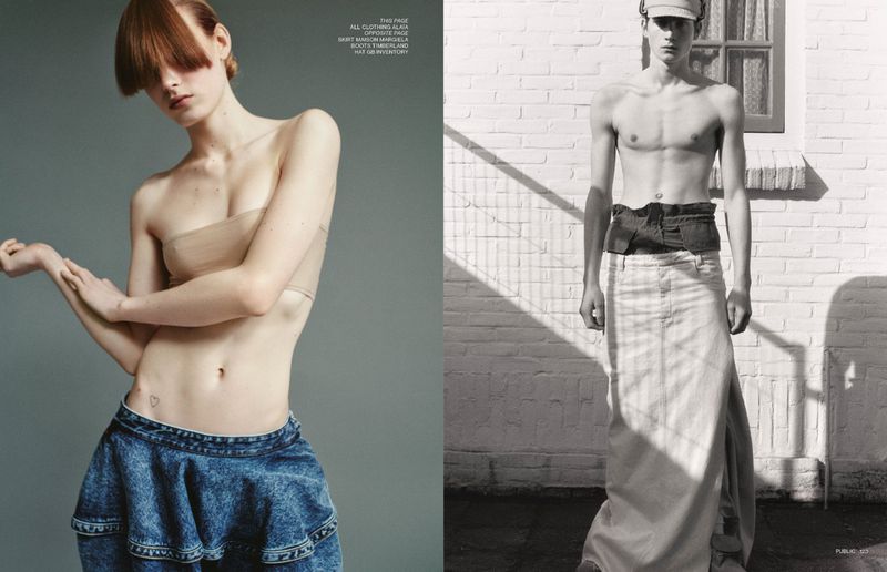 Two fashion models wearing skirts in an indoor, studio setting with diffused lighting highlighting the denim texture and modern style.