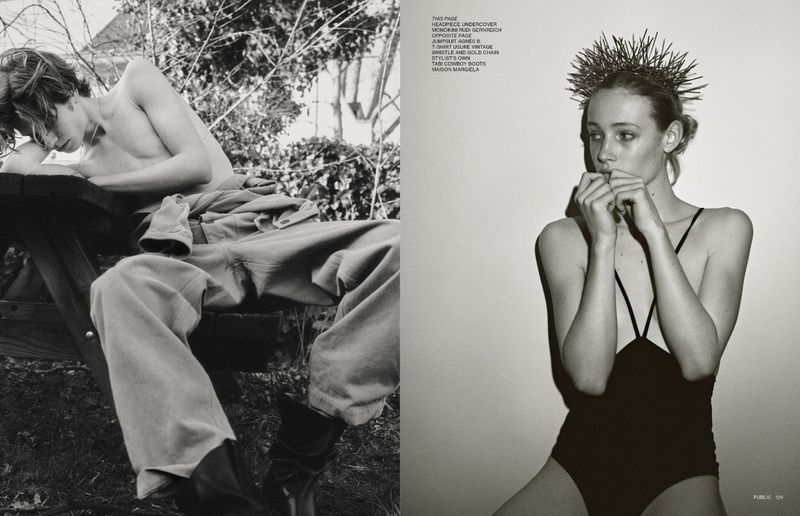 Monochrome split-page fashion editorial. One shirtless male rests on a picnic table in a field, while a female model in black stands on white.