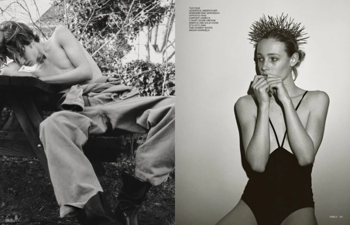 Monochrome split-page fashion editorial.  One shirtless male rests on a picnic table in a field, while a female model in black stands on white.