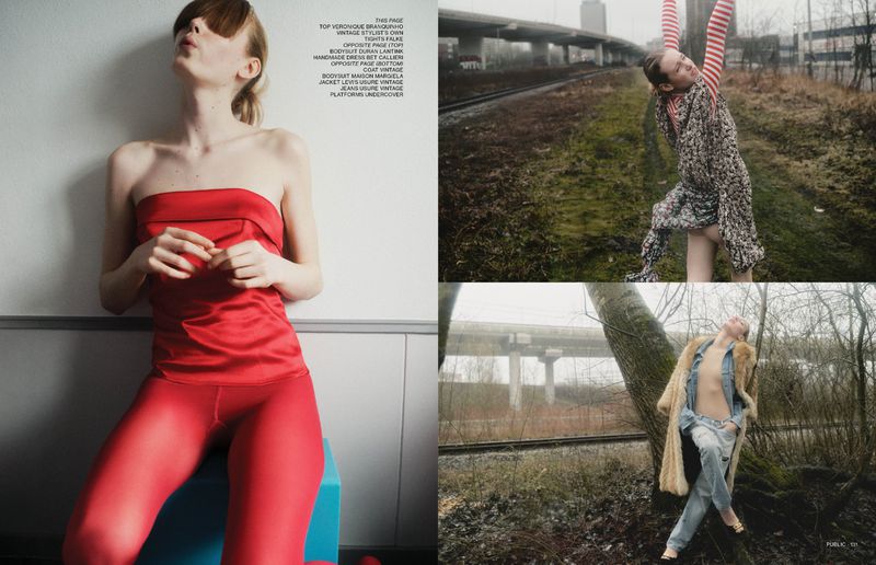 Fashion editorial featuring a woman in a red outfit against a wall and outdoor scenes with women in dresses and casual wear.