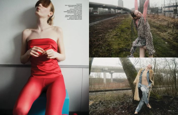 Fashion editorial featuring a woman in a red outfit against a wall and outdoor scenes with women in dresses and casual wear.