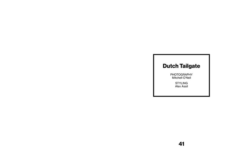 Magazine spread with white background and a black rectangular box containing the words 'Dutch Tailgate', 'Photography', and 'Styling'.