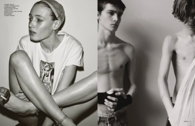 Black and white editorial fashion spread featuring a seated female model and two shirtless male models posing against a neutral studio backdrop