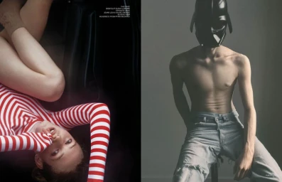 Dipty-style fashion spread featuring a model in a red and white striped top and another wearing a black helmet